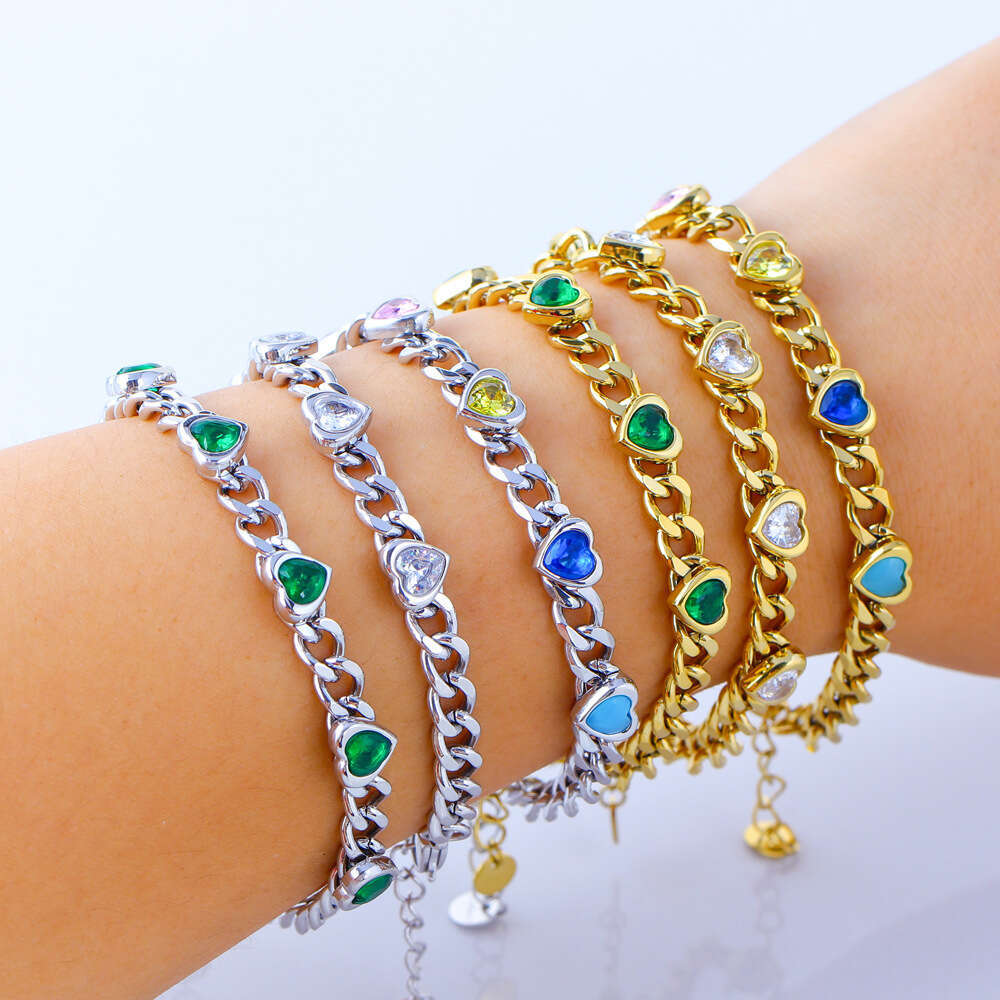 Stainless Steel Emerald Zircon Heart Fashionable Elegant Jewelry Colorful Korean Style Couple Bracelet