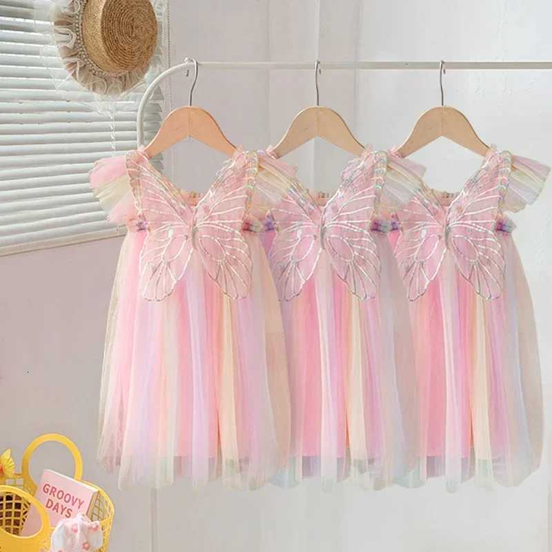 Baby Girls Gradient Rainbow Tulle Sling Dress Back Butterfly Mesh Vintage Dress Children Wedding Birthday Party Princess Dress W250811