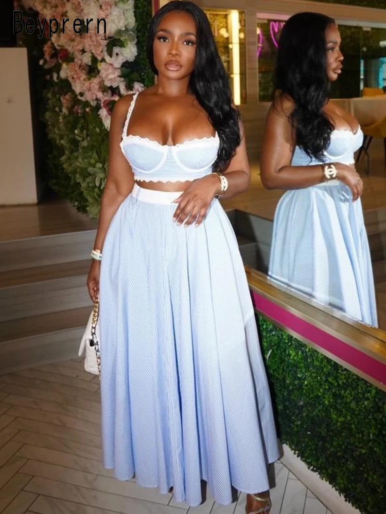 Beyprern Elegant Lace Contrast Stripes Camisole Skirt Set TwoPiece Dress Holiday Outfits Women TieBack Stirped Vacation 250811