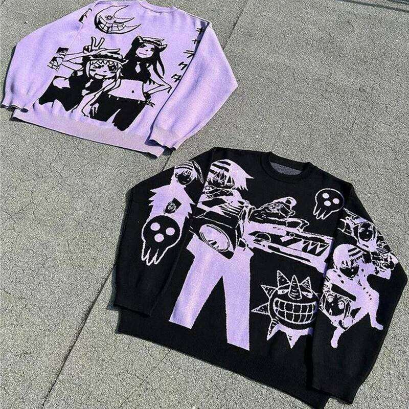 Haruku fashion men's women's couple fall and winter sweater Y2K retro 90s gothic fitted round neck tops clothing 2023 new