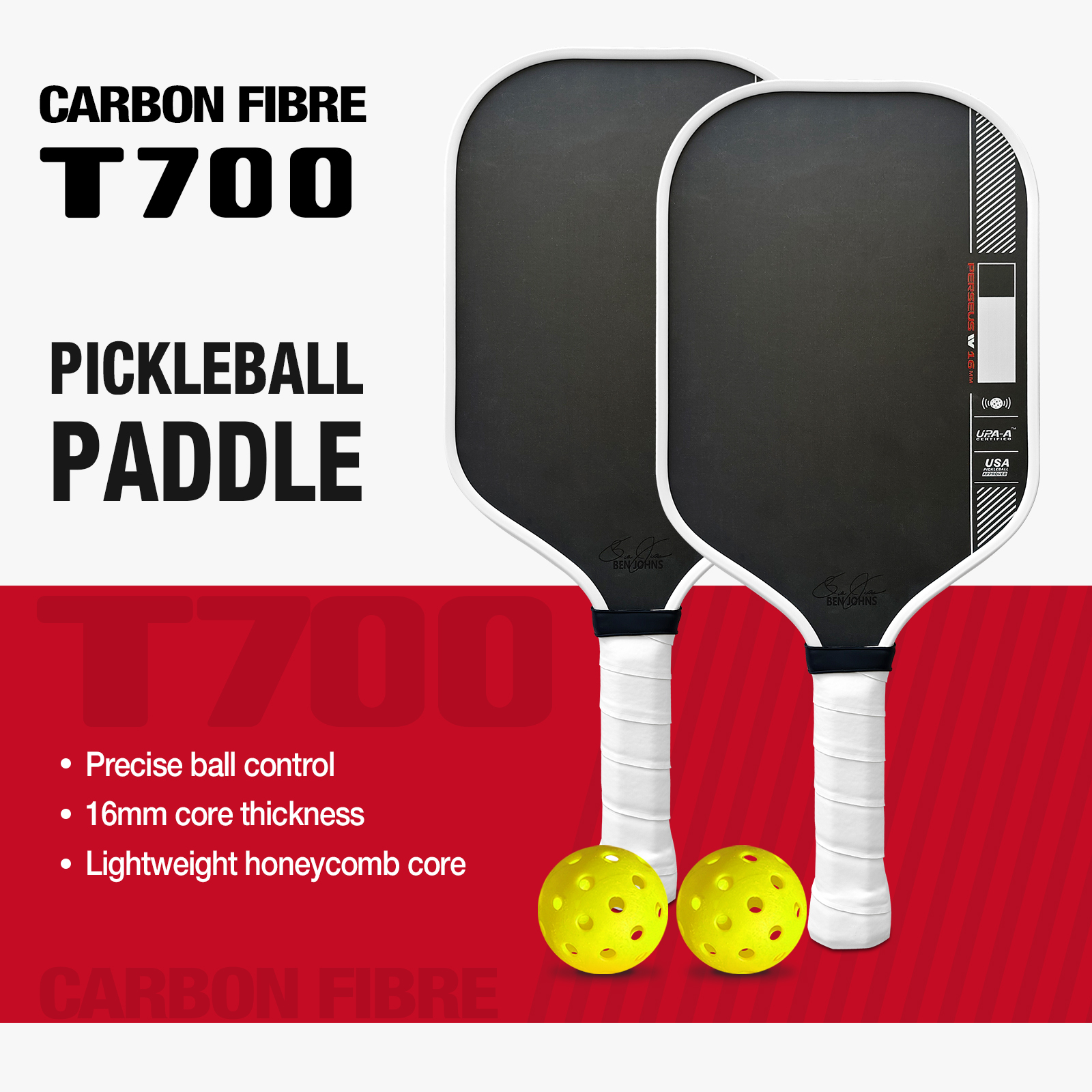 New Arrival Carbon Fiber Pickleball Paddle, 16mm Polymer Honeycomb Core Increased power and control