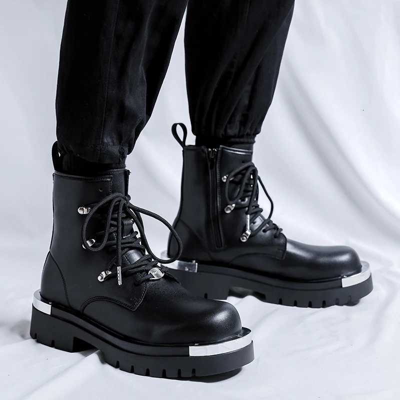 2024 S/A New British Punk Style Leather Boots For Mens Black Hombre Height Increasing Shoes Metal Decoration Fashion Cool Dress W250811
