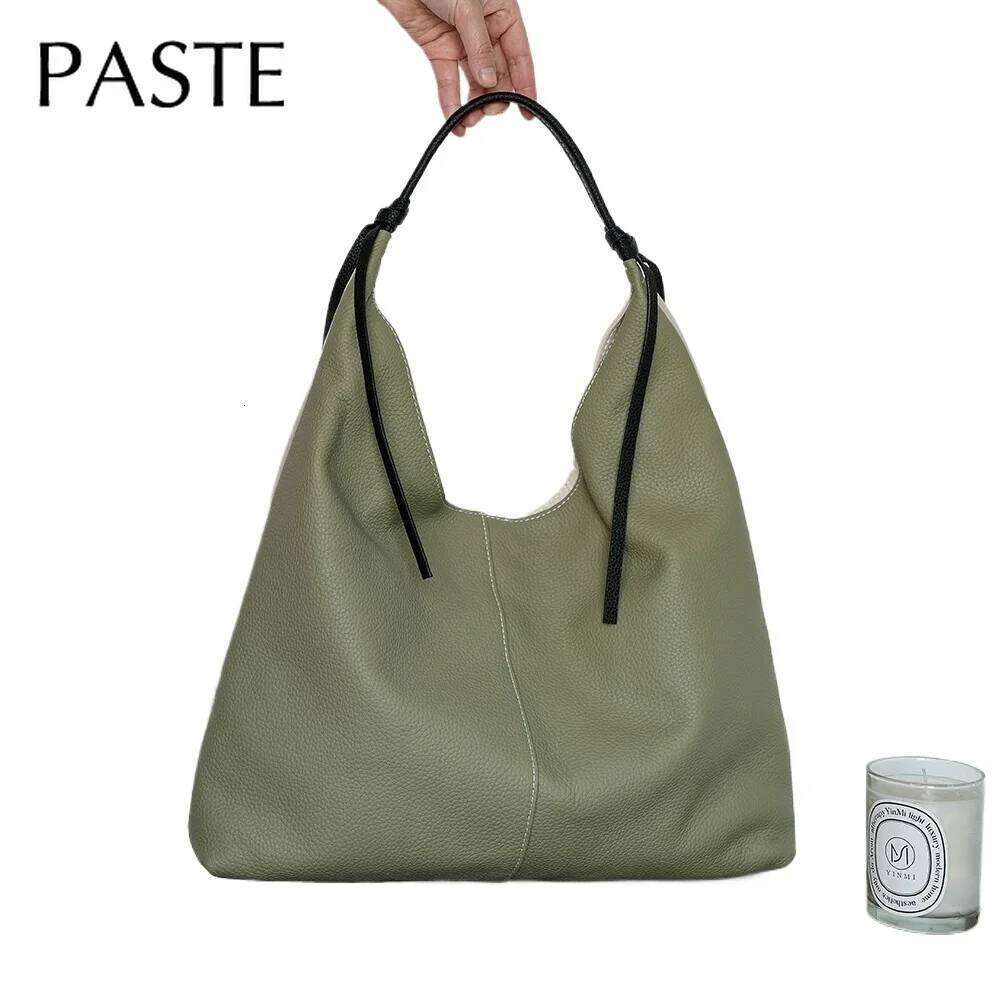 New Simple Huge Capacity Green Travel Tote Hit-color Genuine Cow Leather Women Handbag Leisure Female Armpit Shoulder Bag