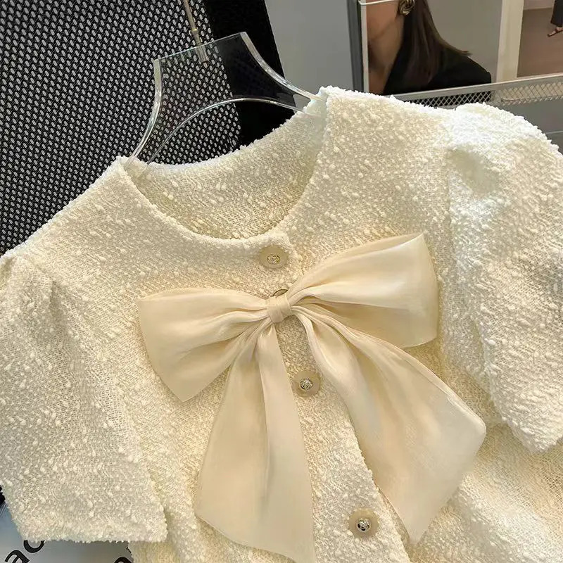 Temperament Tweed Clothing Ropa Mujer Bow Coat Summer Korean Crop Tops Shirts for Women Slim High Suit Short Jacket 250804