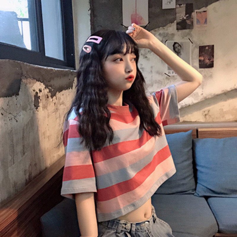 Cross-Border Foreign Trade Summer New Korean Version Loose Rainbow Striped Short Sleeve T-Shirt for Female Students Short Cropped Top Trendy