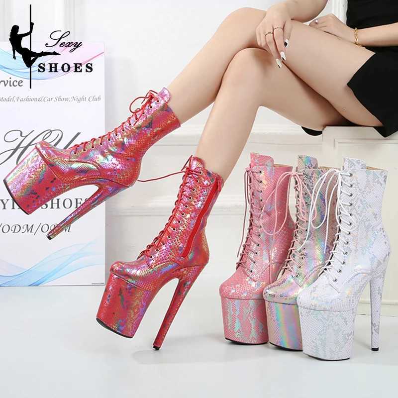 Boots Ladies Shoes Laser Color Intrigue Snake PU Thin Heels 20CM/8inches Pole Dancing Shoes Sexy Round Toe T-show Model Shoes W250811
