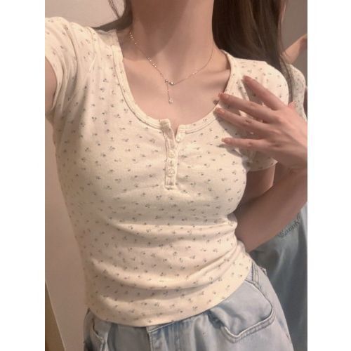 U Neck Floral Short Sleeve Crop Top For Women Summer New Slim Fit Design Versatile Slimming T Shirt