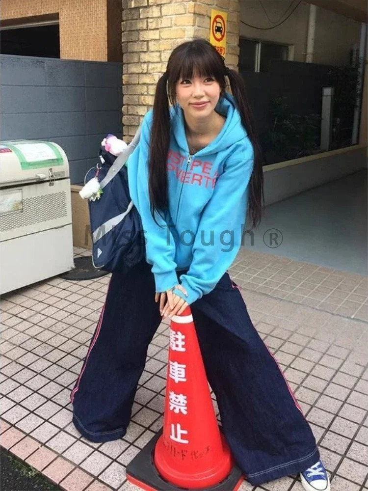 American Hooded Sweet Sweatshirt Women Chic Letter Print Blue Zipper Cardigan Jacket Y2k Casual Loose Tops Streetwear 250804