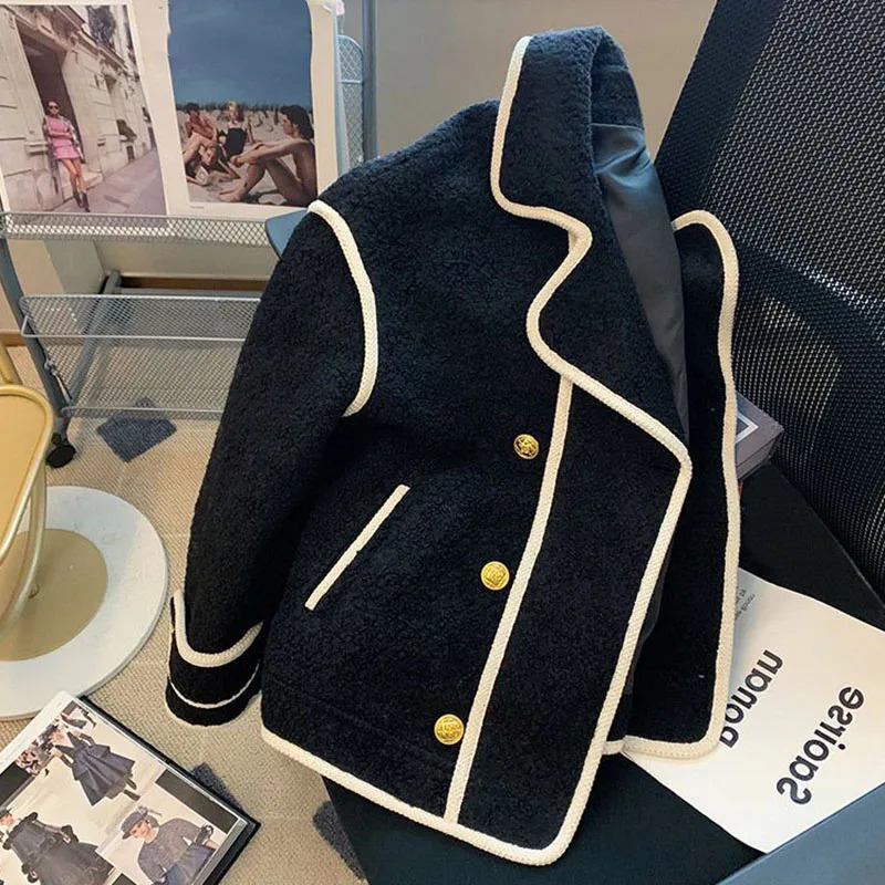 Autumn Winter Turn Down Collar Lambwool Coat Women Vintage Splices Loose Jackets Female Thicken Outwears Jacket 250809
