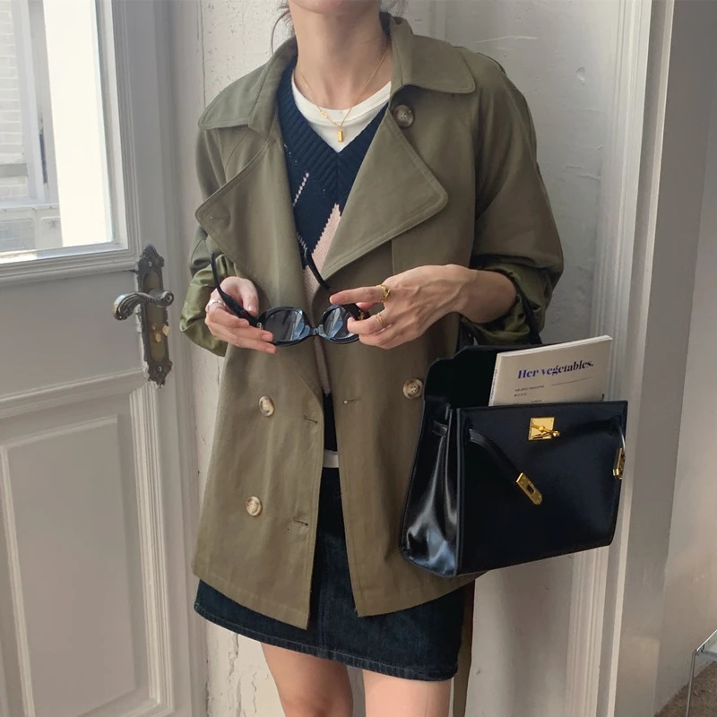 Womens Vintage Trench Coat Jacket with Belt Double Breasted Short Slim Windbreaker 250809