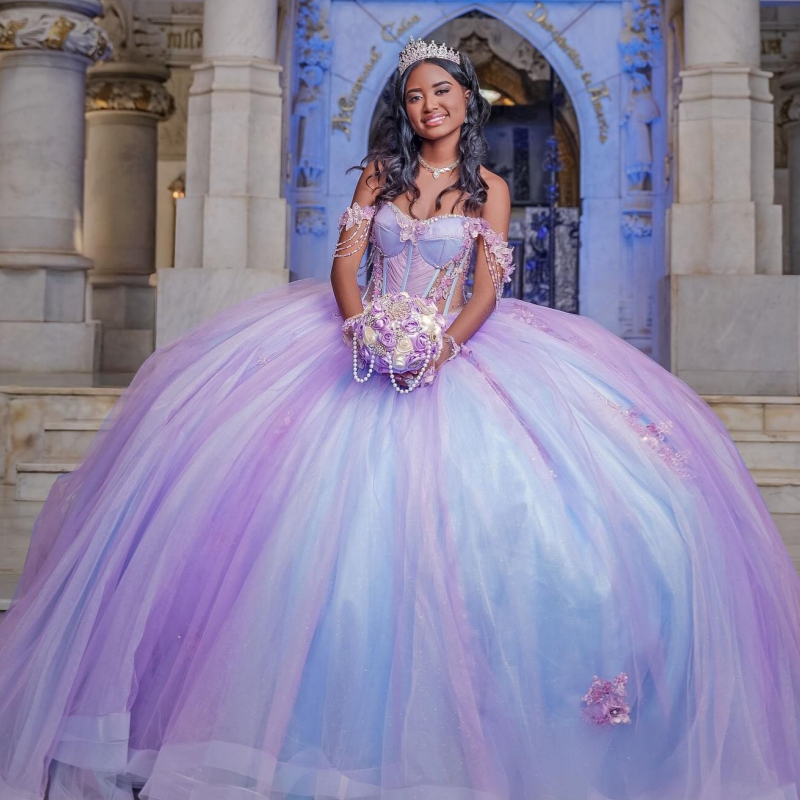 Lilac Quinceanera Dresses Off The Shoulder Applique Flower Beads Tull Sky Blue Lining Party Birthday Ball Gown Vestidos De 15 Anos Sweet 16 Dress