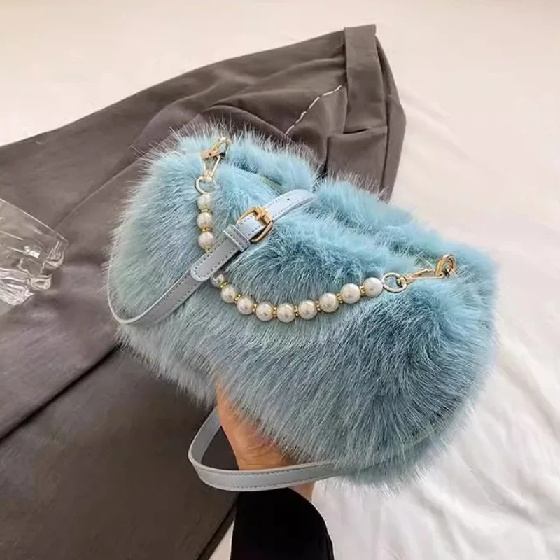 Candy Color Pearl Handle Womens Plush Crossbody Bag Portable Female Furry Handbags Winter Fashion Casual Ladies Shoulder Bags 250811