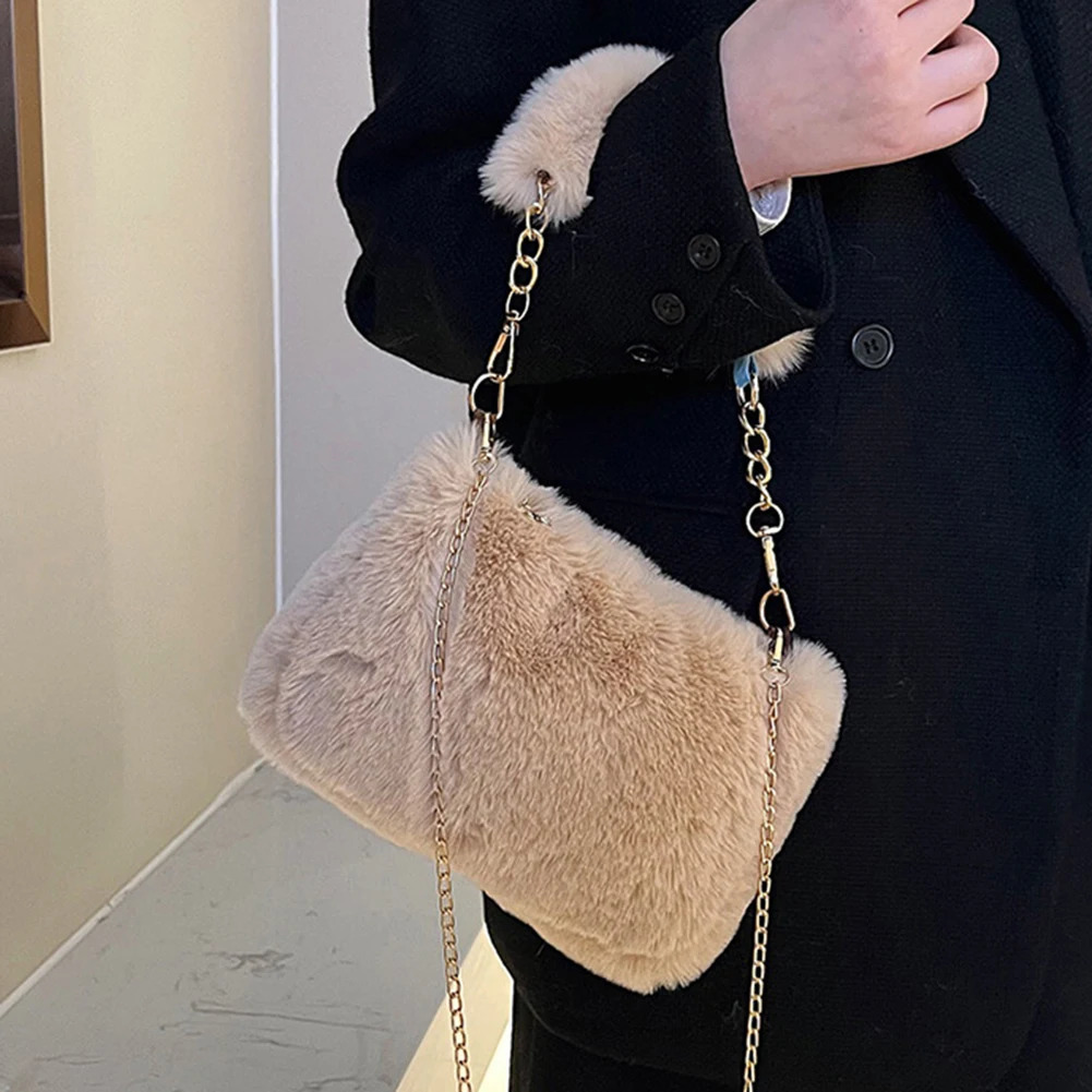 Women Faux Fur Top Handlebag Casual Fuzzy Crossbody Bag Soft Cute Sling Chain Plush Square Pouch Furry Purse Fluffy Bolsa 250811