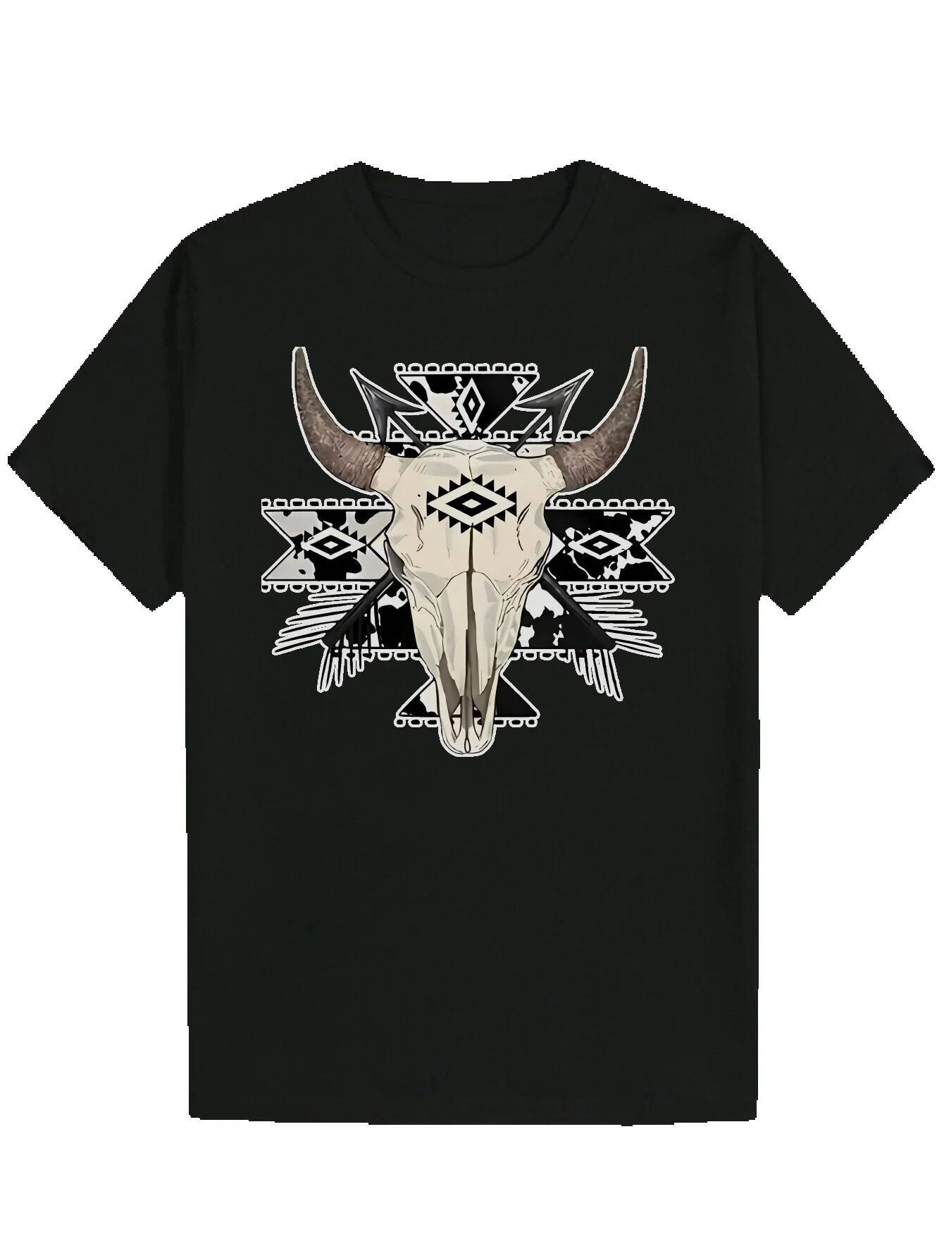 Men's Summer Short Sleeve T-Shirt - Black Bull Skull and Tribal Geometric Print, 100% Polyester, Breathable Crew Neck, Machine Washable, Suitable