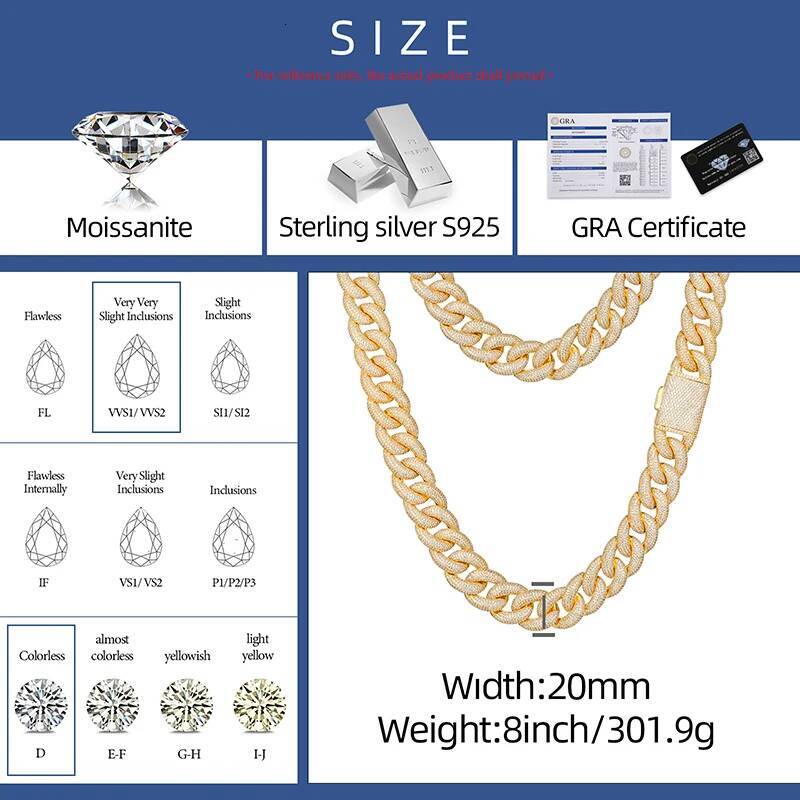 925 Sterling Silver Fine 20mm Moissnaite Chain Necklace for Men Luxury Miami Cuban Chain Party Jewelry Holiday Gift Fine Jewelry