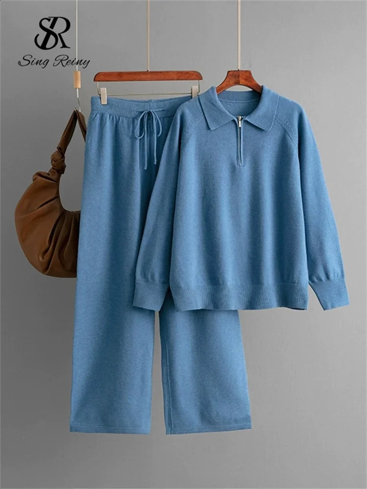 SINGREINY Winter Casual Sweater Suits Polo Collar Zipper TopsDrawstring Wide Leg Long Pant Female Solid Knitting Warm Sets 250806