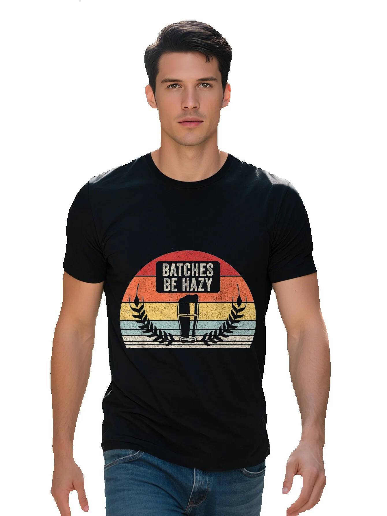 Soft Touch Men's Vintage Style Batch Be Hazy T-Shirt Retro Home Brewing Design with Sunset Graphic Casual Crew af963