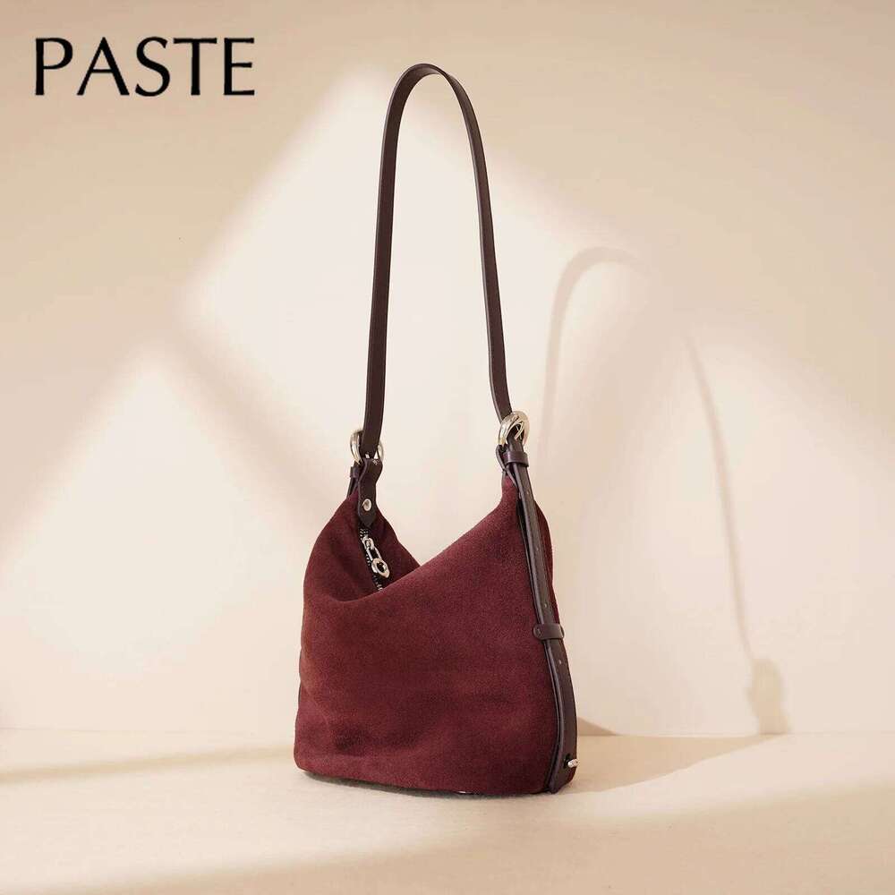 New 2025 Soft Unclassified Bucket Tote Wine Red Color Suede Cowhide Leather Women Shoulder Bag Small All-match Pouch