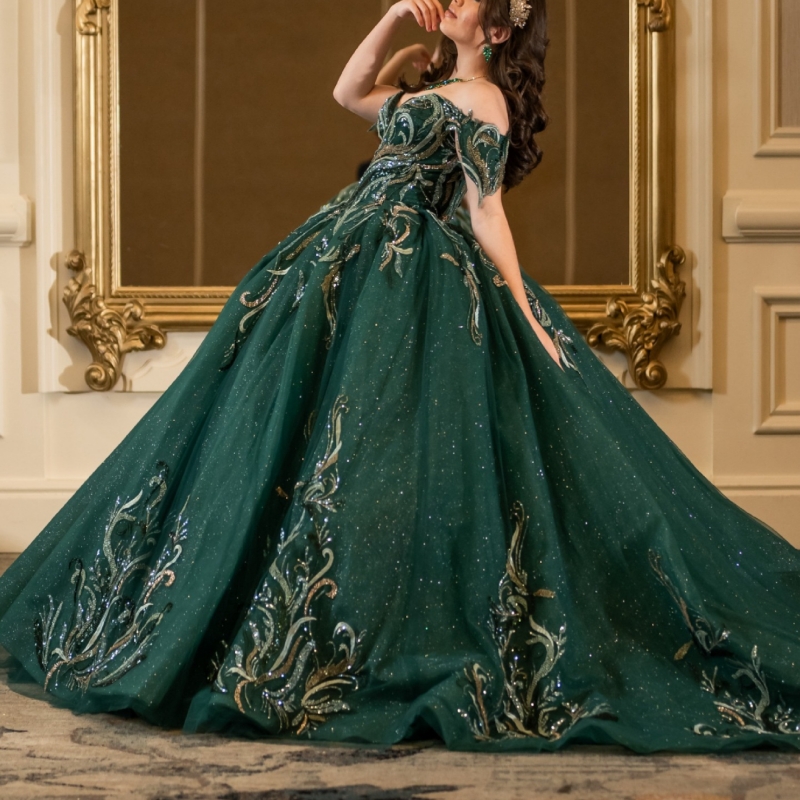Blackish Green Shiny Quinceanera Dresses Off The Shoulder Sequin Applique Lace Beading Crystal Tull Party Birthday Ball Gown Vestidos De 15 Anos Sweet