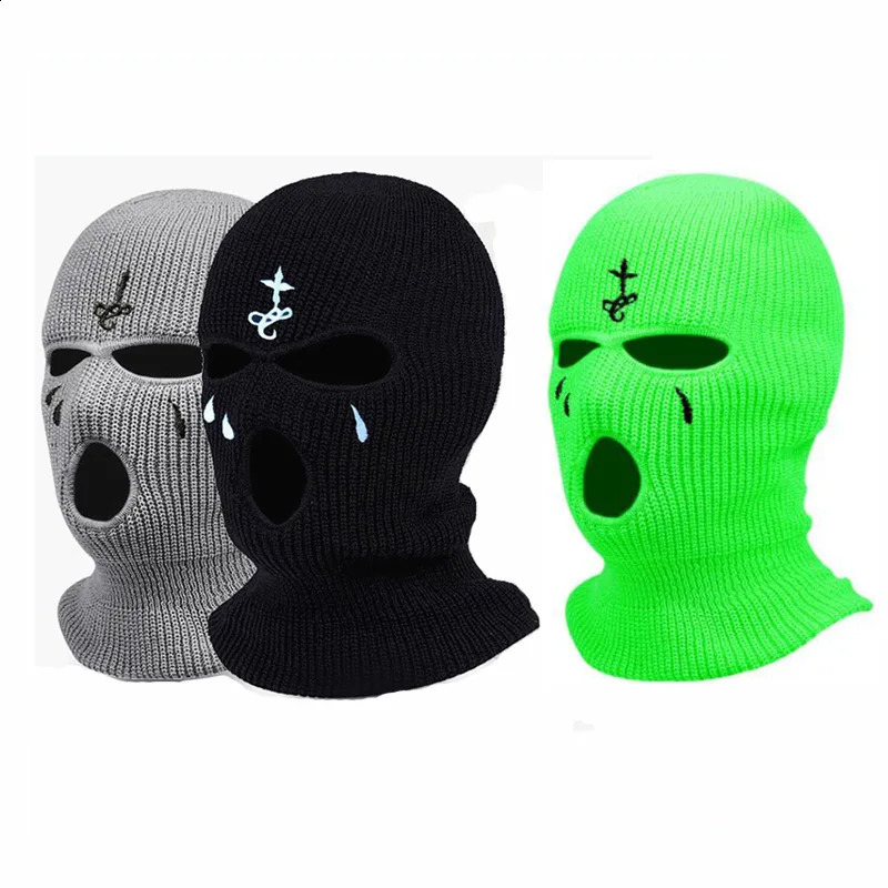 Winter Motorcycle Windproof Full Face Knit Hats Ski Mask Men Warm Wool Balaclava embroidery Winter hats Knitted 3 Holes Ski Mask 250808