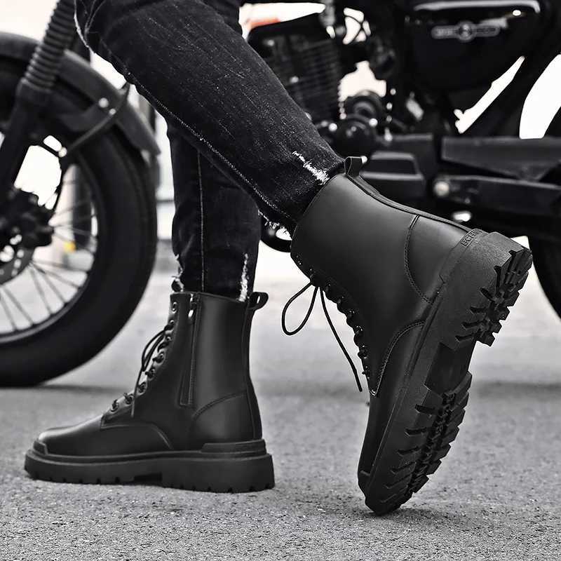 Black Mens Casual Leather Boots Fashion Winter Men Work Boot Mens Shoes Non-slip Designer High Top Ankle Boots Motorcycle Shoes W250811