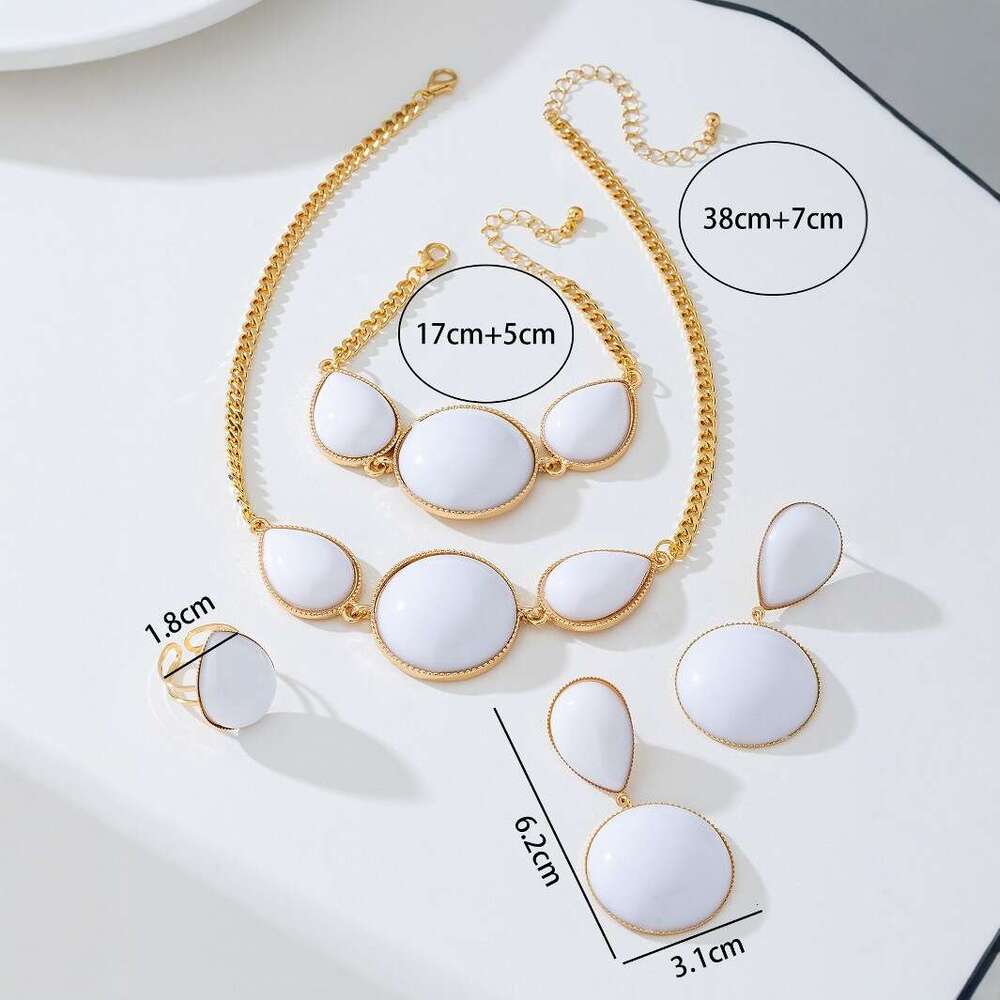 A of Fashionable Elegant Geometric Water Drop Round Inlaid Necklace Earrings Bracelet Ring Women's Jewelry Set