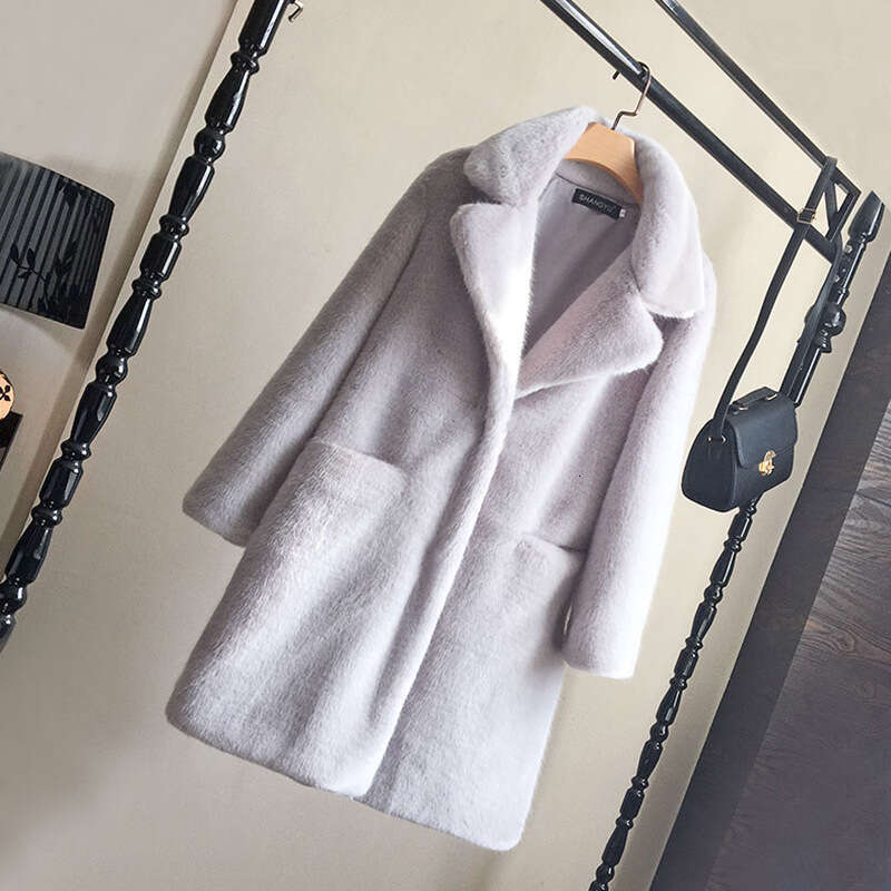 Autumn and winter new solid color imitation fur sheepskin medium long mink coat women's outerwear