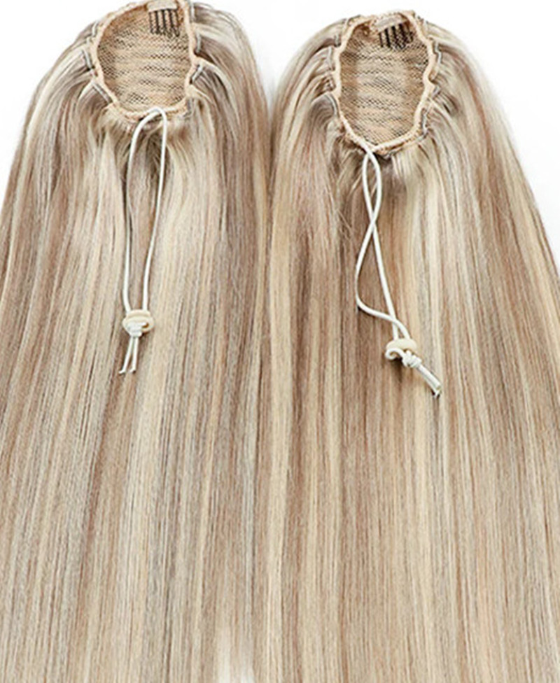 Ombre Blonde Drawstring Ponytail Human Hair Straight Real Natural Hair Extensions Drawstring Closure Fake Hair Tail for Women p27/613 100g 120g