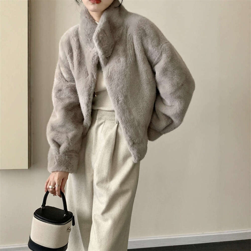 Windproof stand up collar faux fur coat, mink leather jacket, warm winter