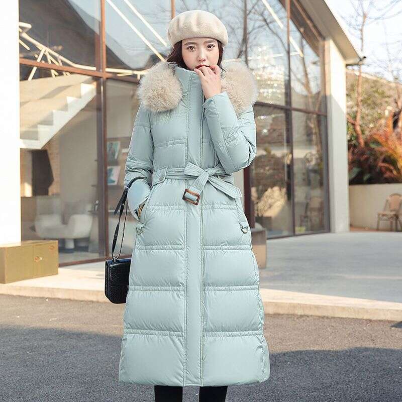 Winter new large fur collar, medium length waist belt, slim fit down cotton women's jacket