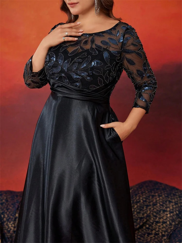 Plus Size Oneck Elegant Green Sequin Evening Dress y Long sleeve Women Satin Party Prom Cocktail Dresses 250811