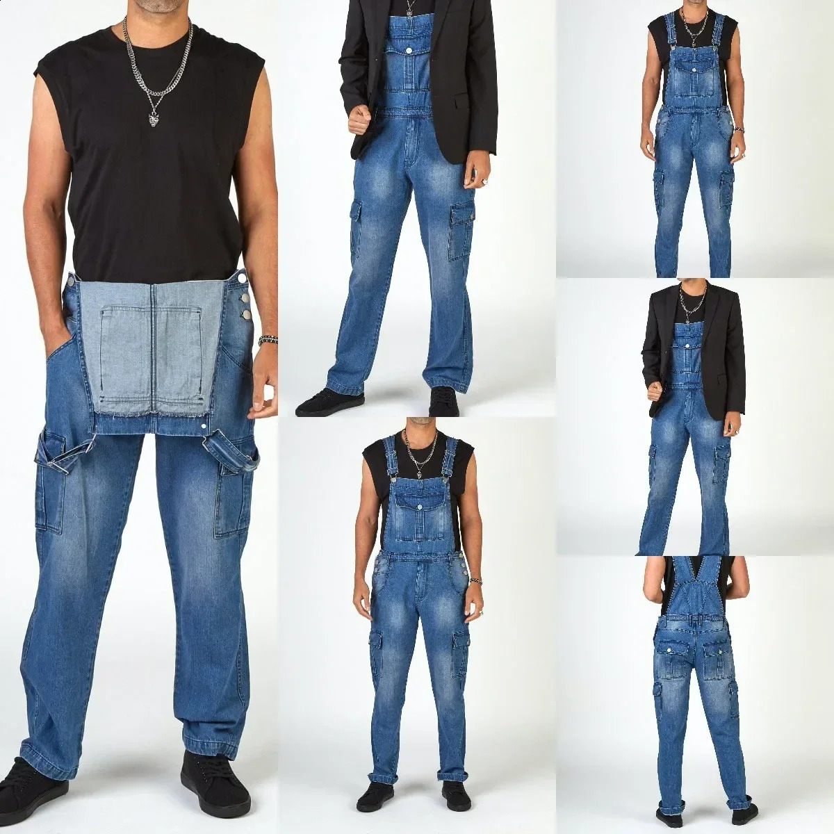 Mens Overalls Pockets Jeans Jumpsuit Autumn 2025 Men Casual Long Denim Pants Slim Splice Straight Rompers 250729