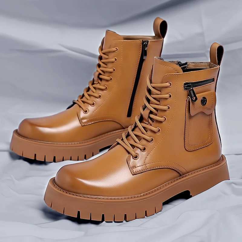 High Quality Men White Boots 2024 Fashion Zip Design Mens Leather Boot Anti-slip Lace-up Man Platform Boots W250811