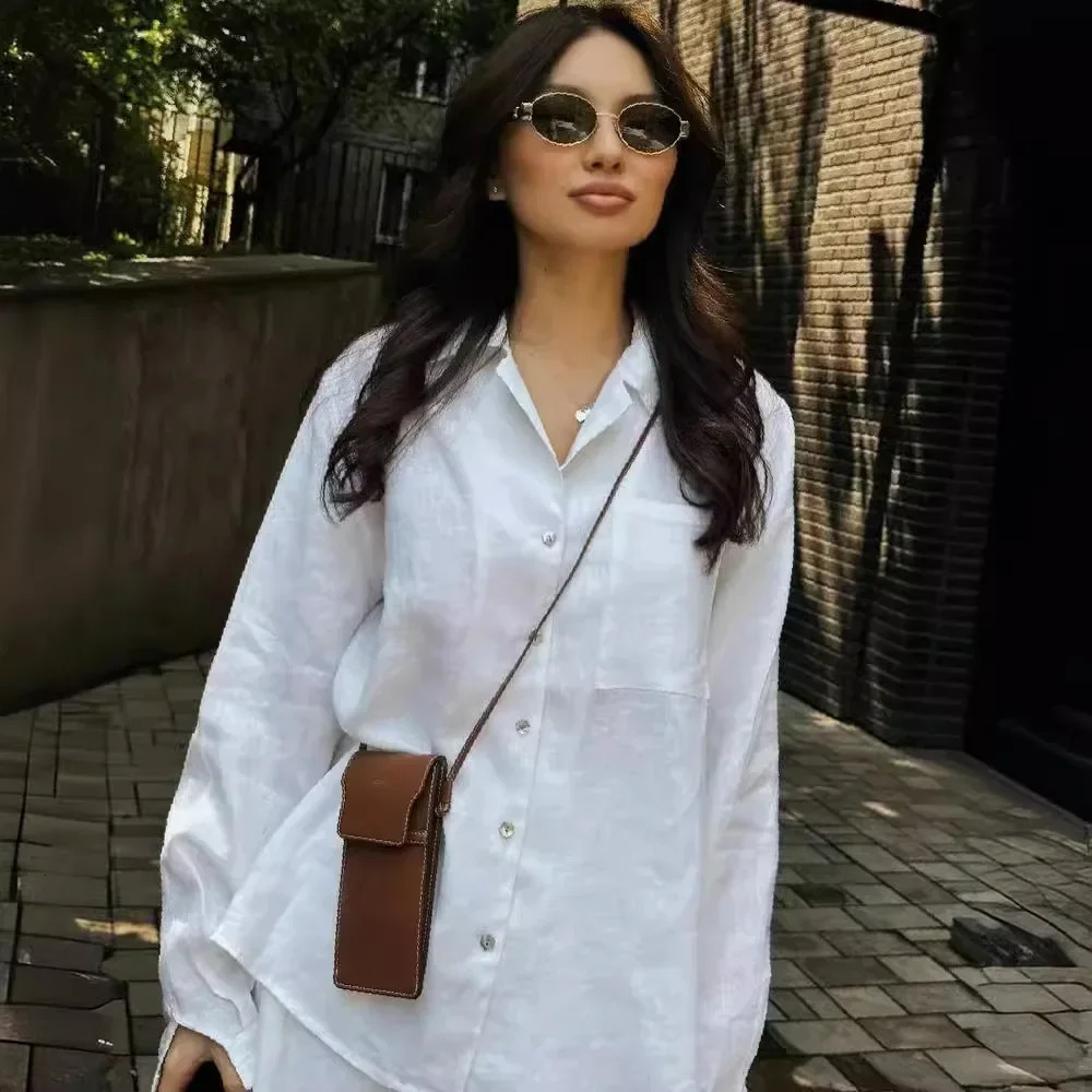 Fashionable Casual Womens Clothing Style Loose Fit Long Sleeve Shirt Solid Color Hemp Cotton Fashion Match Large Skirt 250811