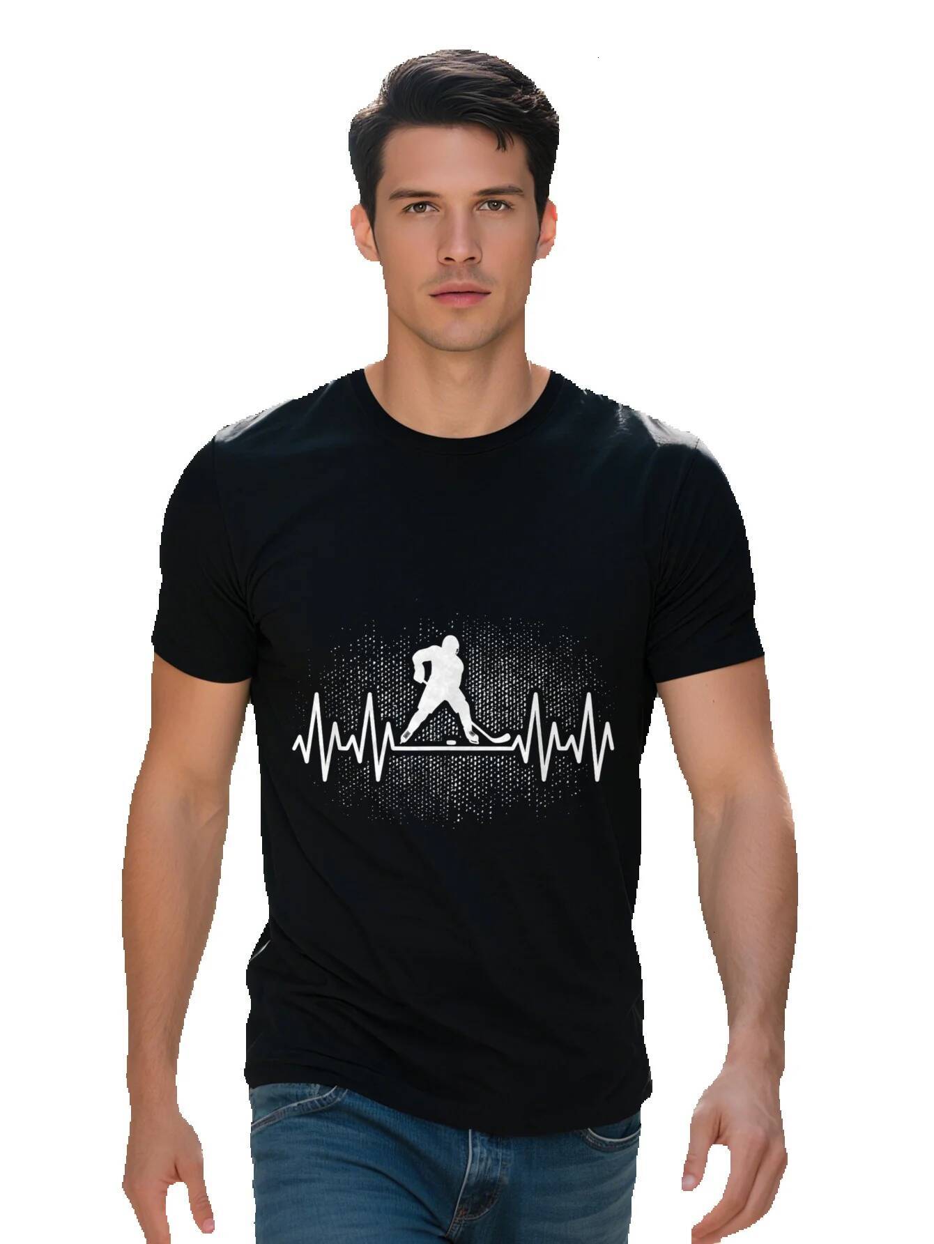Men s Cotton T Shirt Ice Hockey Heartbeat Graphic Black Tee with Player Silhouette Short Sleeves is ideal 6ff88 cd0da
