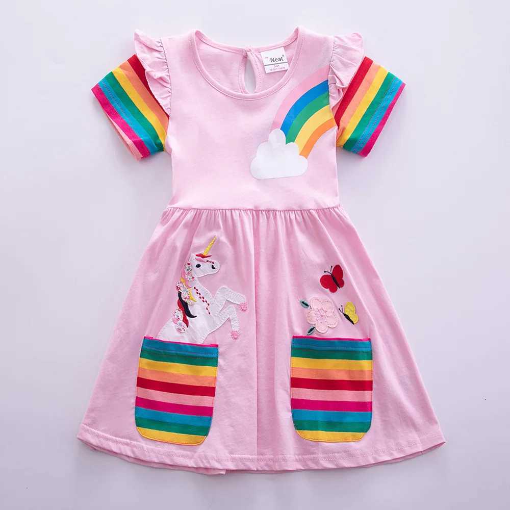 Girls Short Sleeve Unicorn Dress New Summer Embroidered Two Pockets Rainbow Sleeve Childrens SH81035 W250811