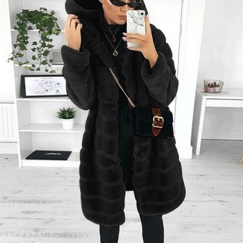 Women's Clothing Hot Selling Autumn And Winter Solid Color Plush Hooded Mid Length Coat For Women