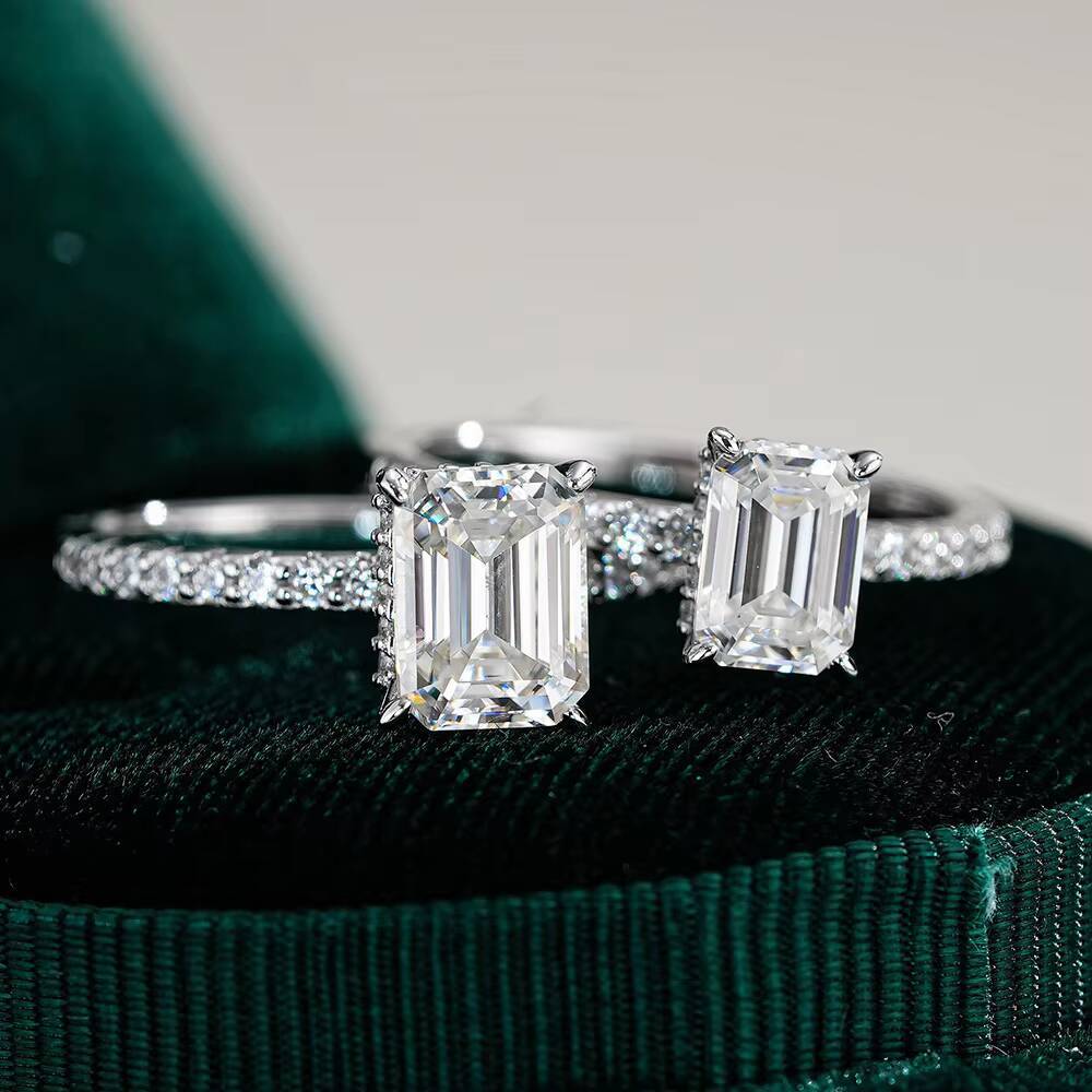 Hot Selling Fine Jewelry Trendy S925 Sterling Silver White Gold Plated 3Carat Emerald Cut Real Moissanite Wedding Ring for Women