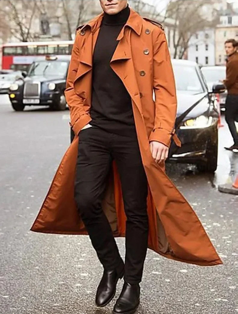 Mens Long Trench Coat Clothing Sleeve Loose Autumn Winter Solid Color Button Fashion Coats 250804