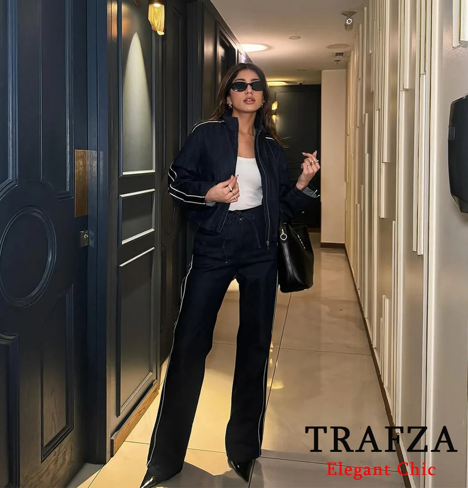 TRAFZA Women High Street Denim Set Side Stripe Stand Collar Zipper Jacket LaceUp Pant Spring Fashion Casual Female 250811