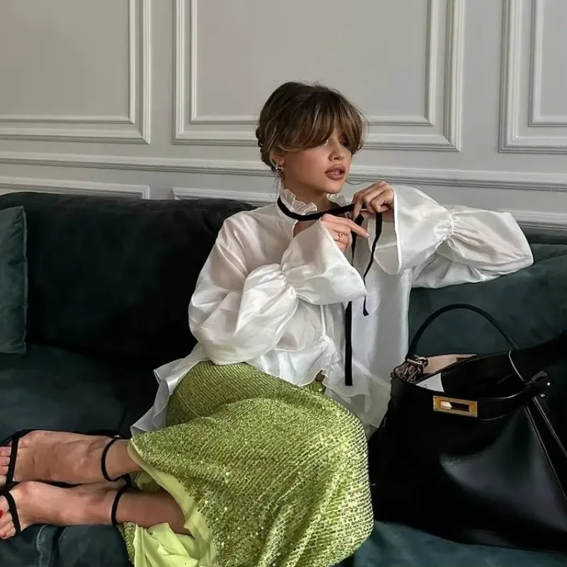 Talenza Sexy Loose White WomenS Shirt Fashion Ruffle Collar Long Sleeve Blouses Elegant See Through Top Female Clothing 250811