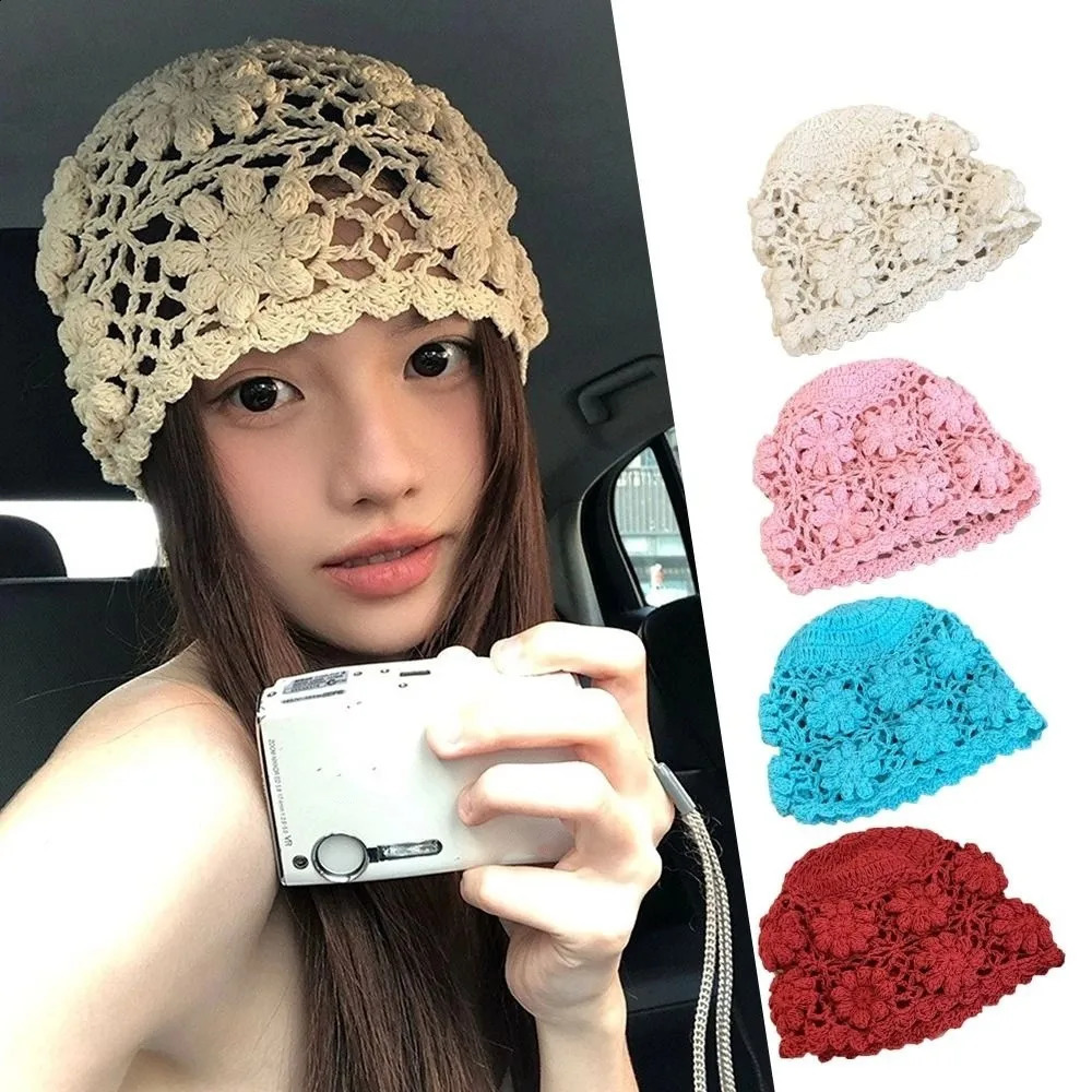 Casual Handmade Crochet Flower Hat Weave Y2k Knit Basin Caps Sweet Women Beanies Cap Ladies 250805