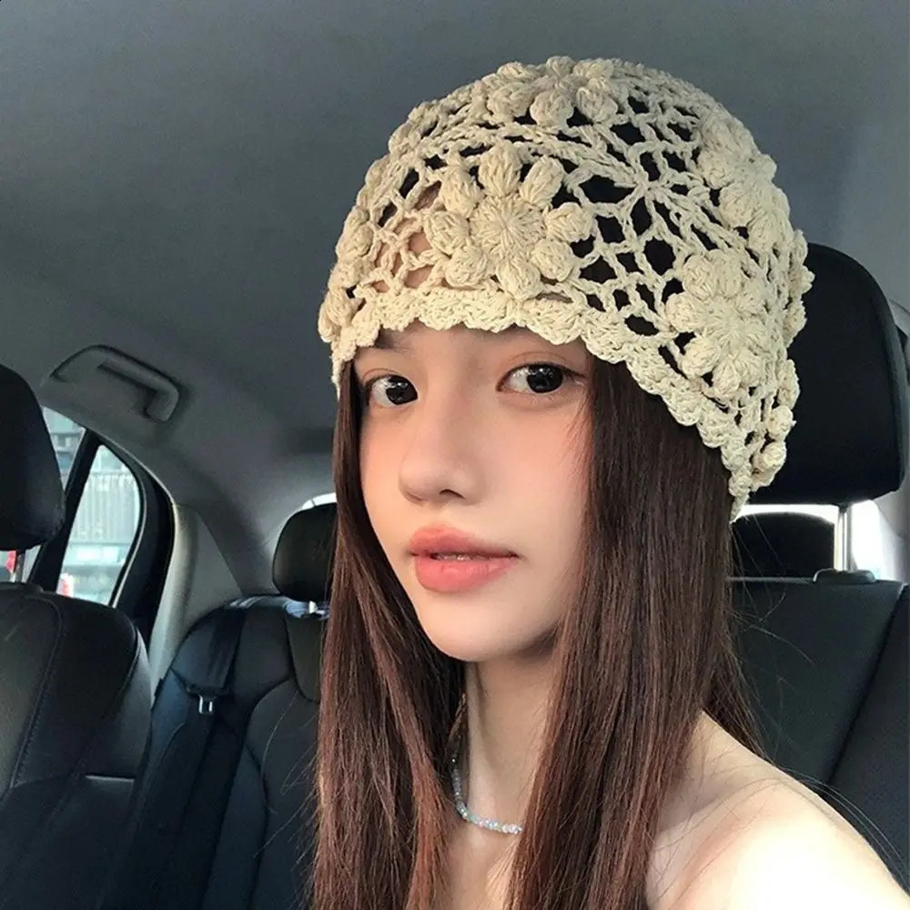 Casual Handmade Crochet Flower Hat Weave Y2k Knit Basin Caps Sweet Women Beanies Cap Ladies 250805