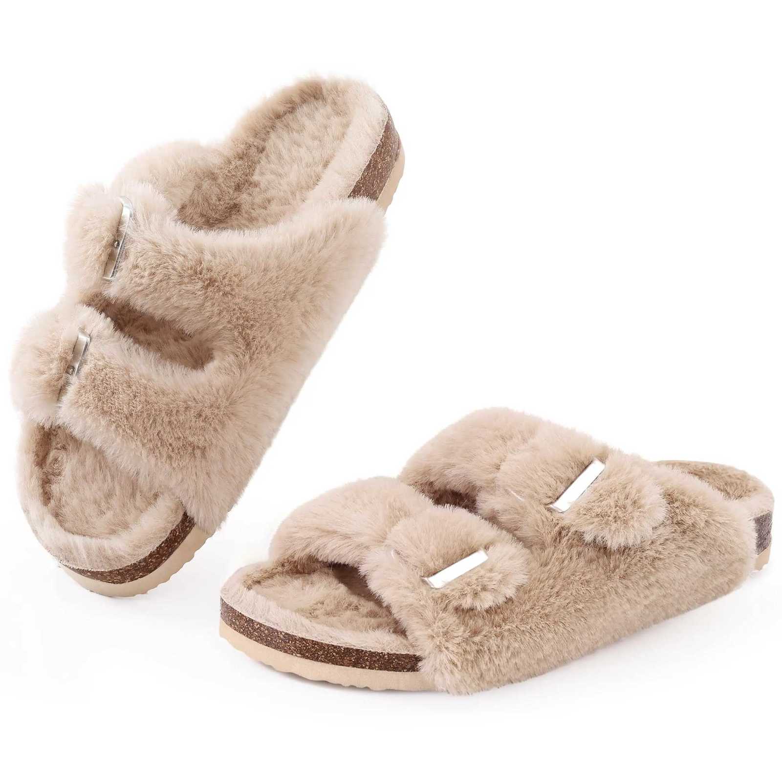 Evshine Womens Furry Cork Slippers Winter Soft Fluffy Open Toe Slippers With Adjustable Buckle Indoor Fashion Plush House Shoes XJ250811