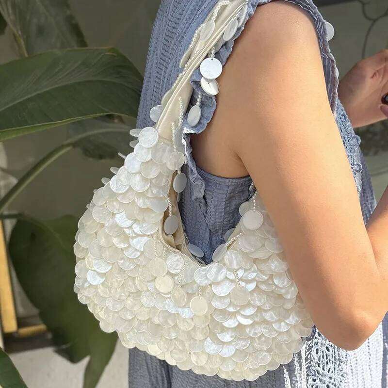 Fashion Shell Beaded Handmade Single Shoulder Rhinestone Pearl Diagonal Hand Armpit Women's Wedding Party Bag