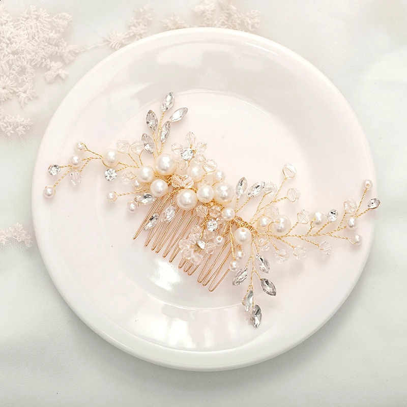 Trendy Gold Pearl Crystal Tiara Wedding Hair Combs Accessories for Bridal Headpiece Women Jewelry 250804