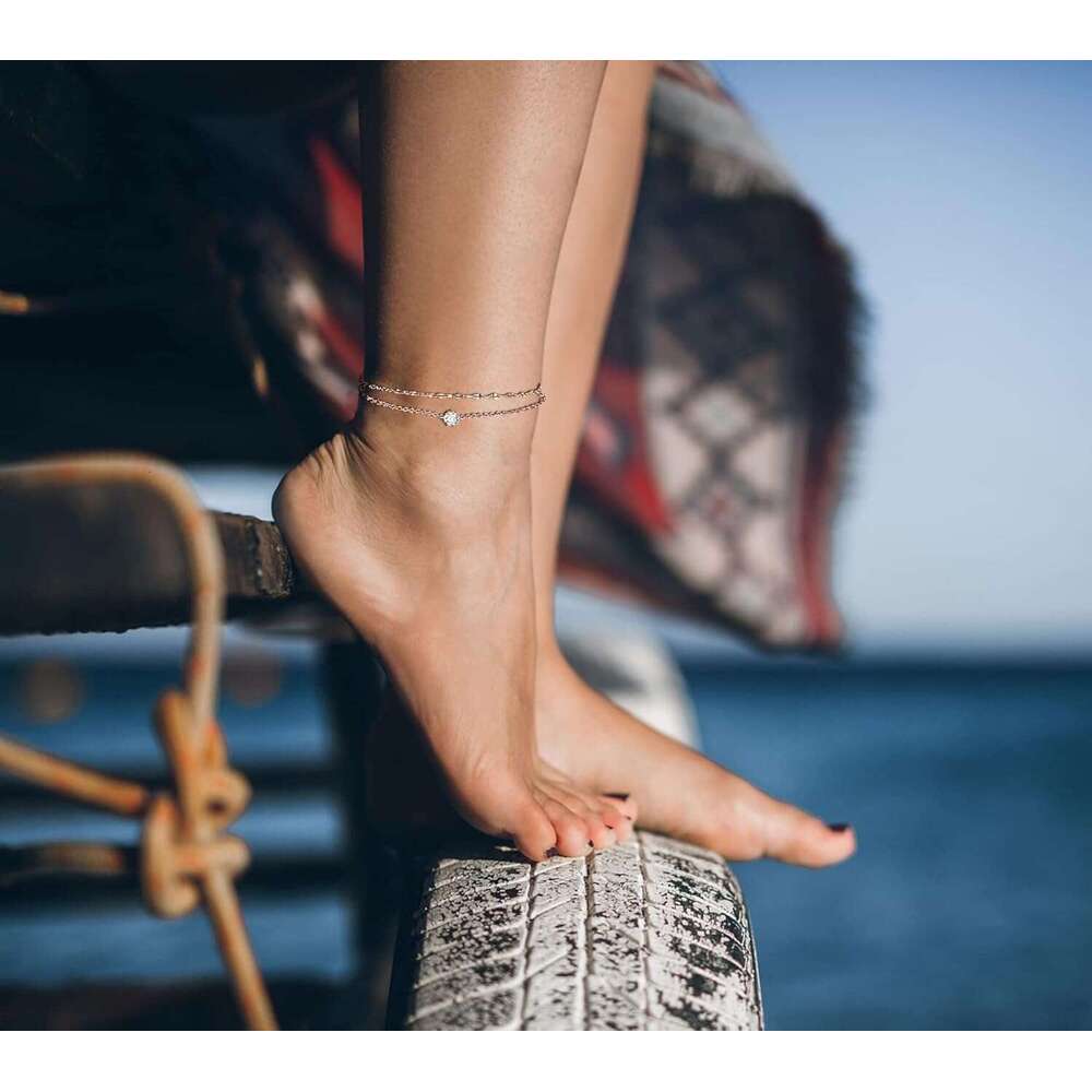 Simple Charm Anklet Women, 14k Rose Gold Plating Beach Dainty Cute Tiny Adjustable Stainless Steel Ankle Bracelets Personalized Foot Chain Jewelry Gif