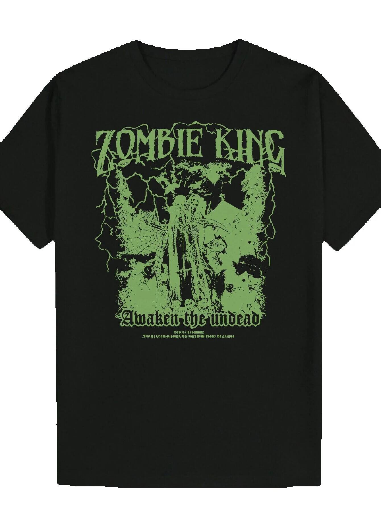Men's Black Zombie King Graphic - Crew Neck, Short Sleeve, Summer Polyester T-Shirt with 'Undead Celebration' Design, Casual Clothing B