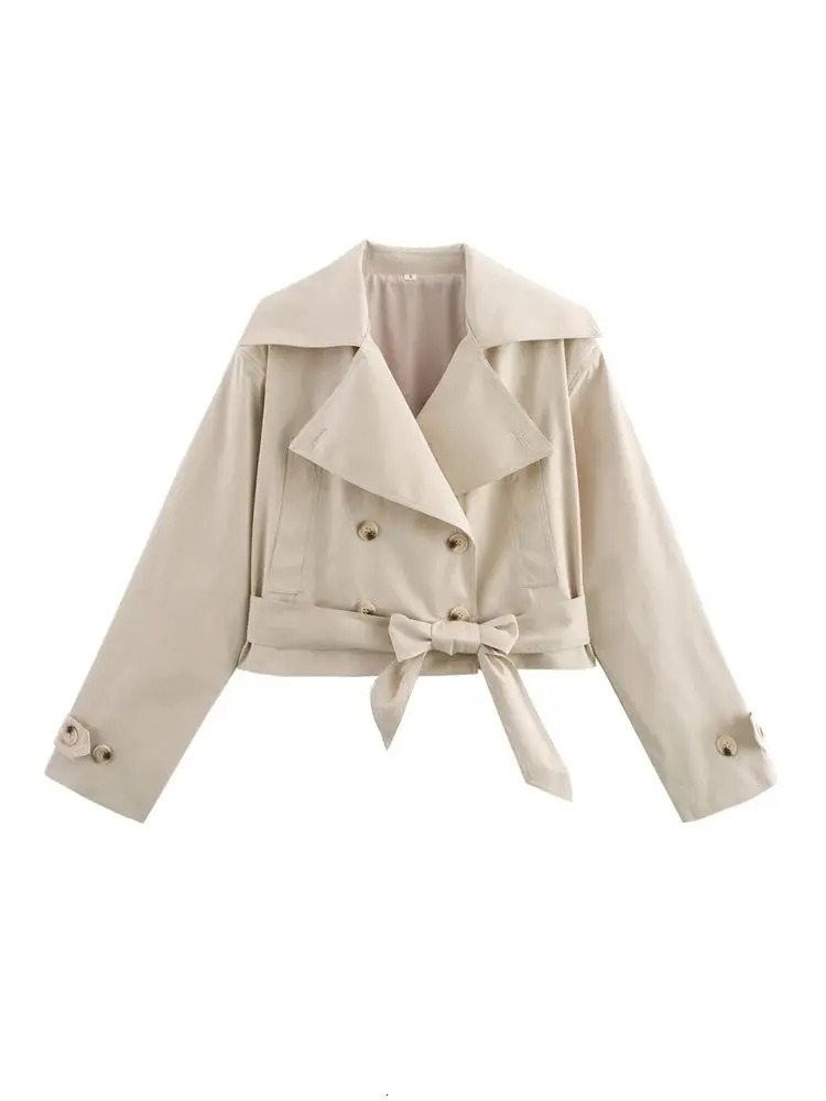 TRZA Double Breasted Crop Trench Coat for Women Fashion Belt Long Sleeve Lapel Collar Chic Outerwear Female Tops 250809