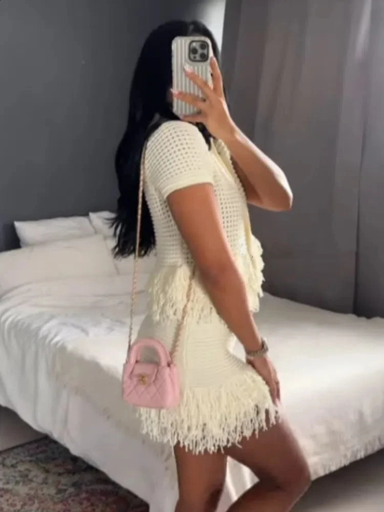 Elegant Women Knit Tassel Cardigan Skirt Sets Hollow Out Lapel Half Sleeve Top Pleated Mini Skirts 2025 Summer Lady 2 Piece Set 250811